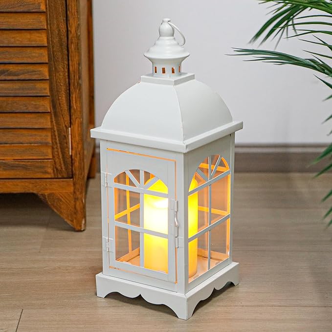 TRIROCKS Decorative Vintage Candle Lanterns 14.5" H Farmhouse Outdoor Hanging Lanterns with Tempered Glass for Porch, Balcony, Patio, Home, Centerpieces, Indoor, Outdoor(White)-Ruum Studio Home