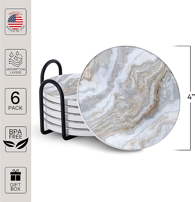 Emerson Coasters for Drinks Absorbent – Natural Stone Drink Coasters Set with Holder, Coasters for Coffee Table, Wooden Tabletop Protection Marble Style – 100% Heavy Duty Set of 6 (Sky)-Ruum Studio Home