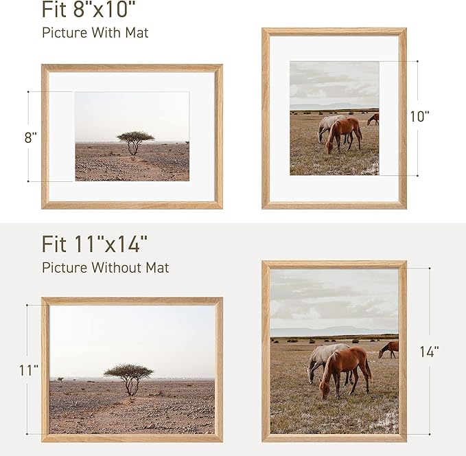 11x14 Picture Frame Set of 4 Natural Solid Oak Photo Frames with 8x10 Removable Mat Wall Hanging Large Handcrafted Frame with HD Plexiglass Wall and Tabletop Display Large Poster Frame-Ruum Studio Home
