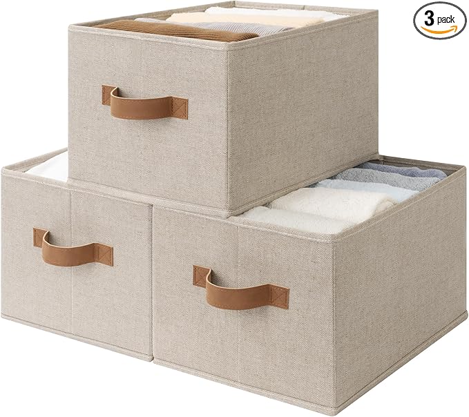 StorageWorks Storage Baskets for Shelves, Foldable Fabric Closet Storage Bins with Handles, Clothes Organizer Laundry Baskets, Brown & Beige, 3-Pack, Large-Ruum Studio Home