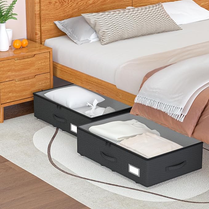 Underbed Storage Bins with Wheels, No Assembly Required - 7.5 inch height Black Large Capacity Rolling Underbed Containers for Shoes, Dorm under bed storage drawers-Ruum Studio Home