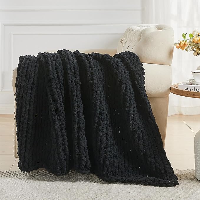 Carriediosa Chunky Knit Throw Blanket 50" X 60", 100% Hand Made Large Chenille Loop Yarn Soft Fluffy Throws for Couch Sofa Bed, Big Crochet Cozy Heavy Thick Cable Woven Blankets, Black-Ruum Studio Home