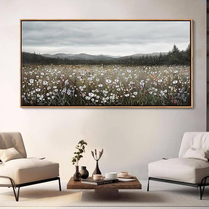 HGUAOA Vintage Landscape Wall Art for Bedroom and Living Room - Large Floral Artworks Farmhouse Wall Decor - Framed Neutral Nature Pictures - Above Bed Wall Decor with Mountain Scenery 29×58IN-Ruum Studio Home