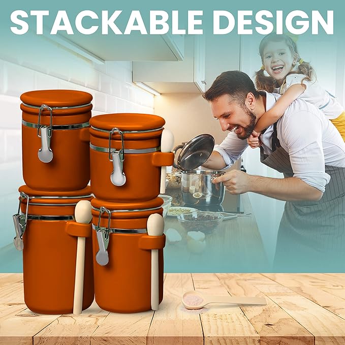 Home Intuition Ceramic Kitchen Canisters Set of 4 with Wooden Spoon Set – Airtight Containers, Metal Latches for Utmost Freshness – Sugar, Coffee, Flour, Tea & More | Rust-Ruum Studio Home