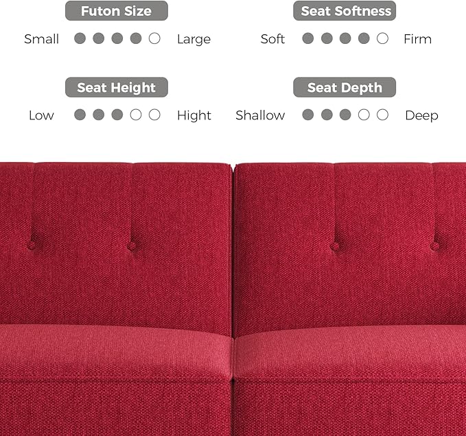 89” Futon Sofa Bed, Linen Comfy Futon Couch Bed with 2 Square Pillows, Convertible Sleeper Sofa with Adjustable Backrest& Armrests, Modern Loveseat Sleeper for Living Room, Bedroom, Red-Ruum Studio Home