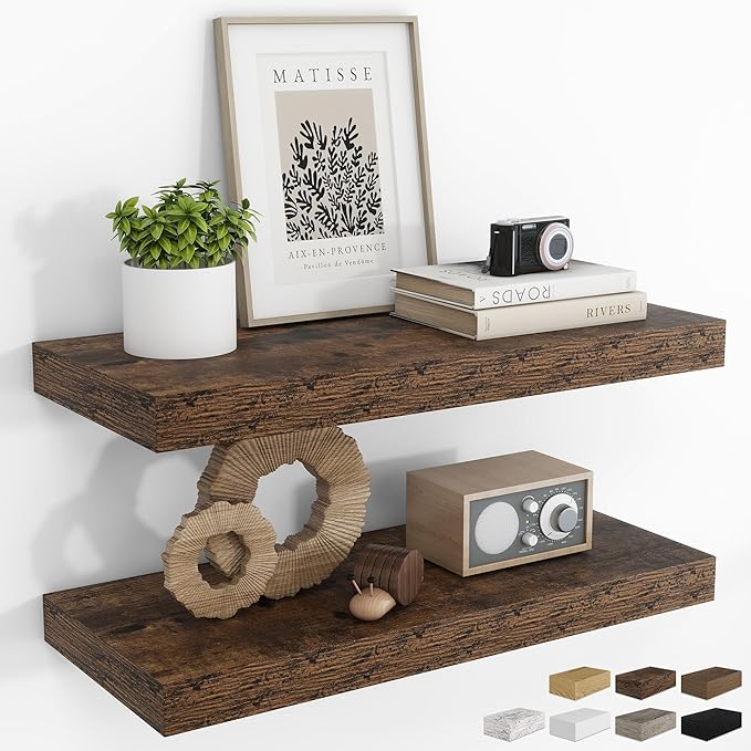 RICHFOCUS 24Inch Floating Shelves for Wall 2 Pack Shelves for Bedroom|Kitchen|Bathroom Wall Mounted Rustic Wood Floating Shelf with Invisible Brackets for Books|Storage|Decor, Rustic Brown-Ruum Studio Home