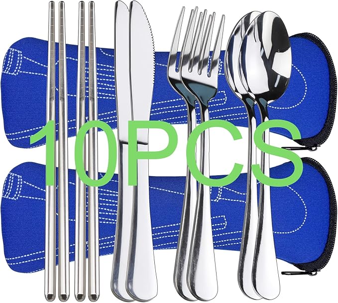 10PCS Portable Silverware Set with Case, Lengnoyp Travel Camping Utensils Set, Premium Stainless Steel Travel Cutlery Set, Reusable Safe Flatware Sets for Lunch Box/Workplace/Students, Silver-Ruum Studio Home