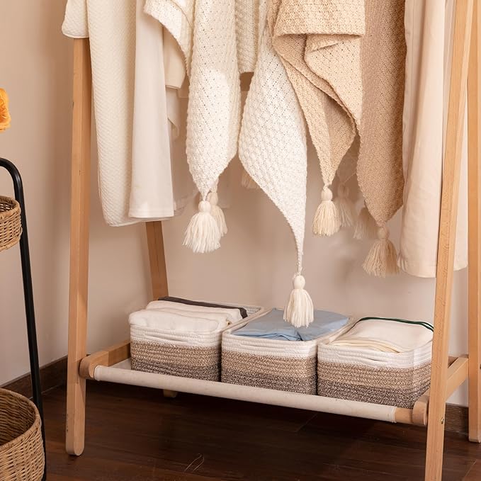 3 Pack Small Storage Baskets for Organizing, Cute Woven Decorative Gift Baskets for Shelves, Mini Closet Organizer Bins with Handles, 11.81''Lx7.87''Wx4.72''H-Brown White-Ruum Studio Home