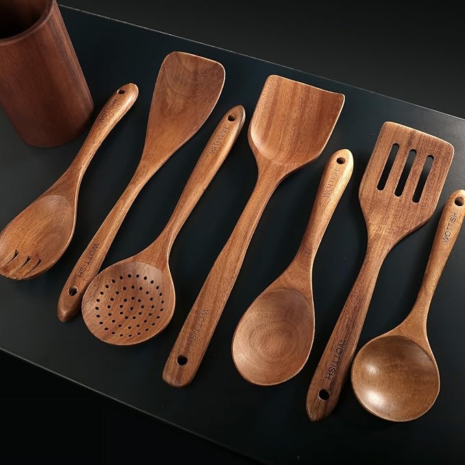 Wooden Spoons for Cooking - 8-Piece Wooden Kitchen Utensil Set made of Natural Solid Wood Material - Includes Spoons, Spatulas, Ladles, Strainer Spoon, Salad Fork, Mixing Spoon and Utensil Holder-Ruum Studio Home