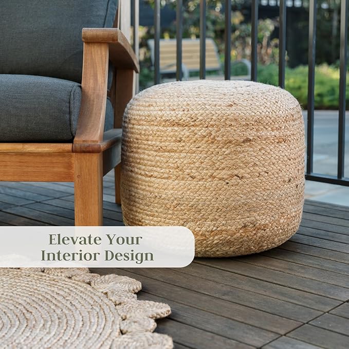 Pouf Ottoman, Round Braided Natural Jute Ottoman Pouf for Living Room or Bedroom, Floor Chair, Foot Rest or Decorative Home Decor-Ruum Studio Home