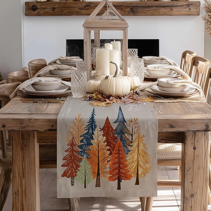 GEEORY Fall Watercolor Trees & Maple Leaves Table Runner 13x72 Inch, Rustic Farmhouse Autumn Thanksgiving Decor for Kitchen, Dining, Indoor/Outdoor Holiday Dinner Party Orange Grey GT159-72-Ruum Studio Home