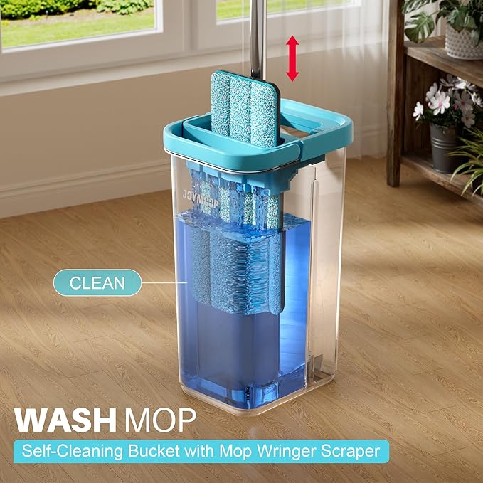 JOYMOOP Mop and Bucket Set with Wringer, with 3 Reusable Microfiber Mop Pads, Mops for Floor Cleaning and Wall Cleaning, Hands-Free Flat Mop for Home Use - Grey+Cyan Blue-Ruum Studio Home