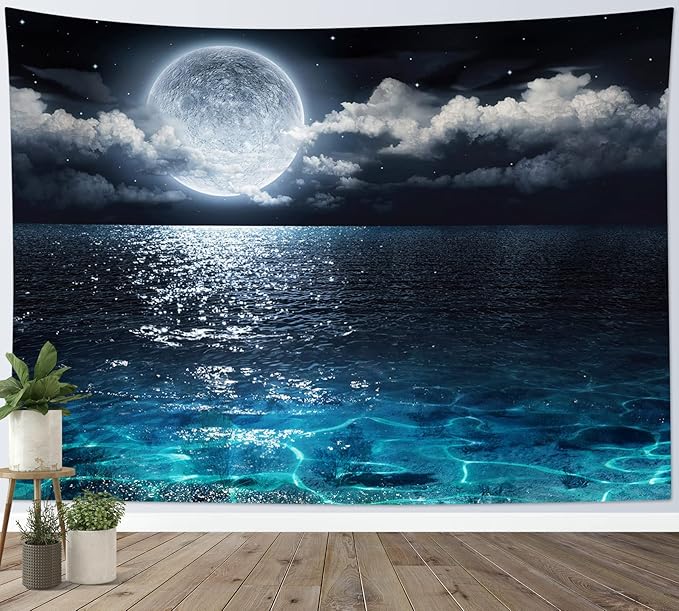 LB Moon Ocean Tapestry - Watercolor Blue Ocean and White Cloud Extra Large Wall Tapestry for Bedroom Starry Night Sky Wall Art for Bedroom Living Room Dorm Decor - 92.5Wx70.9H inches-Ruum Studio Home