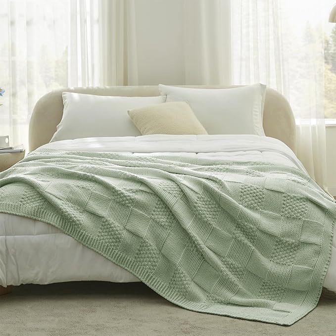 Amélie Home Chenille Knit Throw Blanket for Couch, Checkered Texture Decorative Soft Blanket for Sofa, Bed & Living Room, 50"x60", Sage Green-Ruum Studio Home