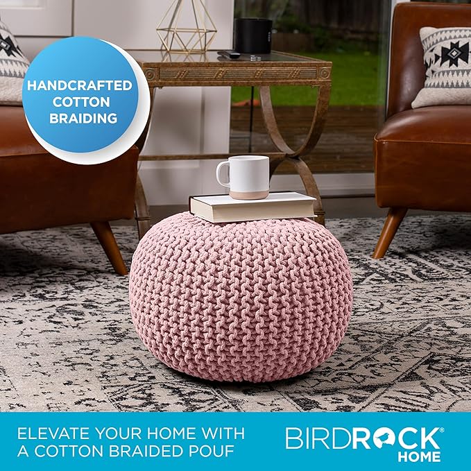 BIRDROCK HOME Round Pouf Ottoman | Cotton Braided Foot Stool with Bean Bag Filling | Boho Foot Rest for Living Room & Bedroom | Compact & Comfortable Seating, Lightweight & Soft | Dusty Rose-Ruum Studio Home