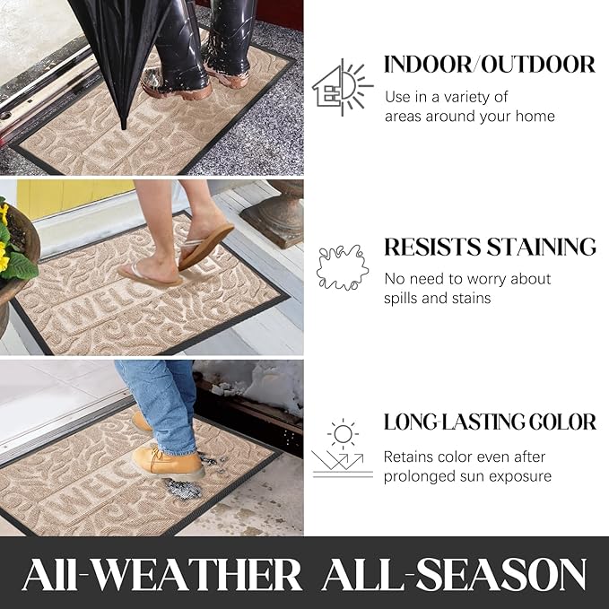 Yimobra Welcome Front Door Mat Outdoor, Heavy Duty Sturdy Non Slip Doormats, Rubber Backing, Low-Profile Entrance Rugs, Absorbent Resist Dirt, Easy Clean Patio Garage Floor Mats, 60X36 Inch, Beige-Ruum Studio Home
