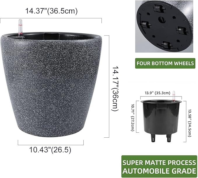 Dexceder 15x14 Self Watering Planter with Wheels Indoor Outdoor, Inner Pot Design, Thickened Large Floor Standing Flower Plant Pot with Water Level Indicator (Stone Matte)-Ruum Studio Home