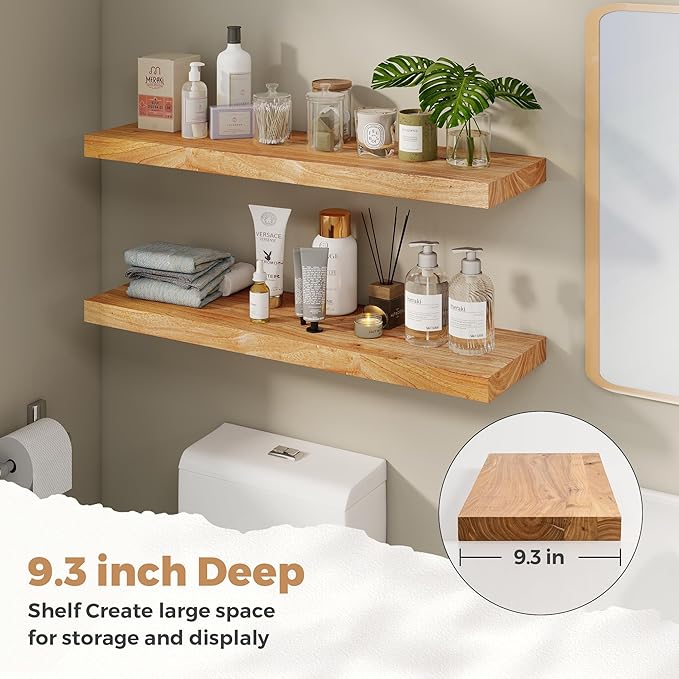 RICHFOCUS Elm Floating Shelves for Wall - 36" W x 9.3" D Rustic Solid Wood Shelves with Invisible Bracket, Wall-Mounted for Living Room, Bedroom, Kitchen Storage & Display, Set of 2, Natural-Ruum Studio Home