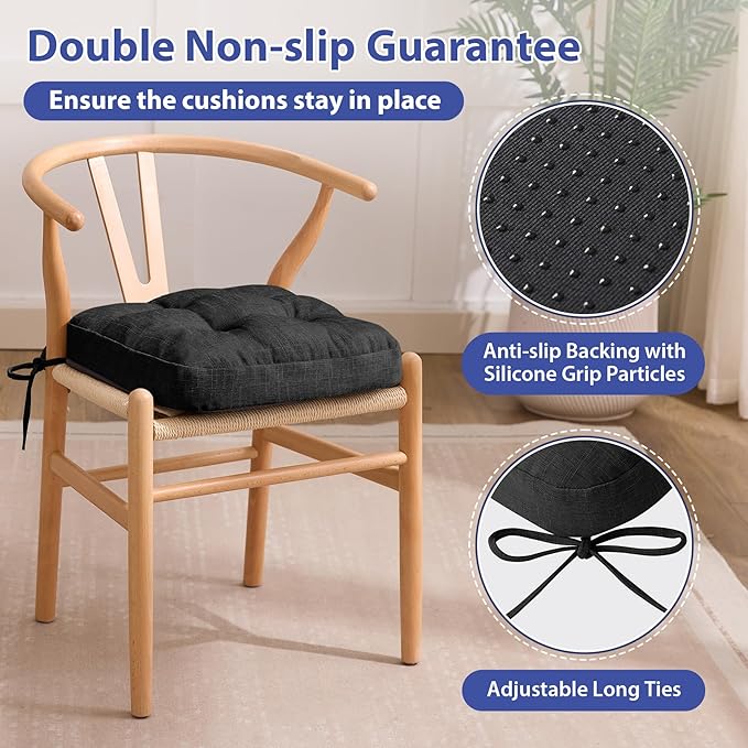 Chair Cushions, Foam Dining Chair Cushions, Tufted Indoor Chair Pads, 16.5” x 16.5” x 3.5”, Set of 2, Black-Ruum Studio Home