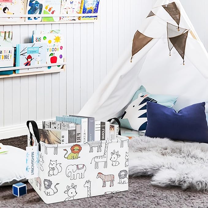 LANGYASHAN Rectangular Storage Bin Collapse Canvas Fabric Cartoon Storage Basket with Handles for Organizing Home Kitchen Boys and Girls Toys Office Closet Shelf Baskets (Rec Simplified Zoo)-Ruum Studio Home
