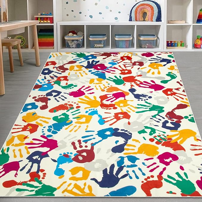 STARUIA Large Colorful Kids Rug 6x9 Ft, Non-Slip Washable Rugs for Classroom, Handprints and Footprints Rugs for Playroom, Soft Nursery Rug Indoor Play Mat for Kids Room Daycare School-Ruum Studio Home