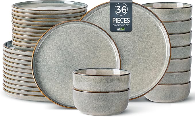 GBHOME Ceramic Dinnerware Sets for 12, 36 Pieces Stoneware Plates and Bowls Sets, Reactive Glaze Dishes -Scratch Resistant, Dishwasher&Microwave Safe, Green Wheat-Ruum Studio Home