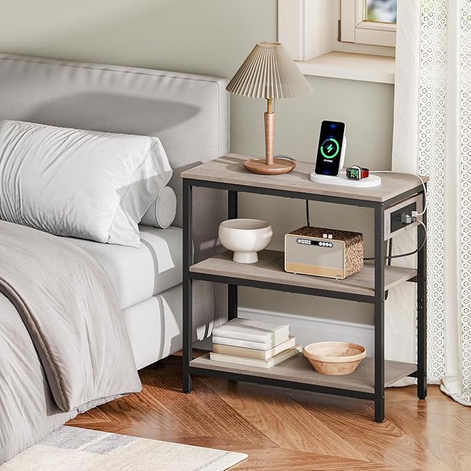 HOOBRO End Table with Charging Station, Simple Rustic Side Table with 3-Tier Storage Shelf, Narrow Nightstand for Small Spaces, for Living Room, Industrial Design, Greige and Black BG149UBZ01-Ruum Studio Home