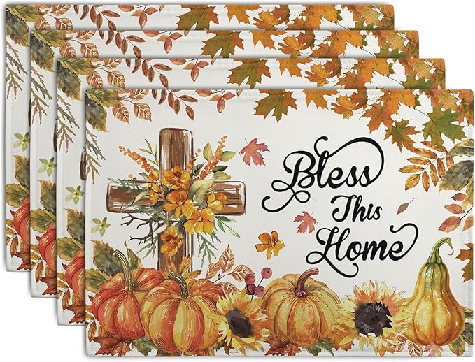 Fall Cross Pumpkin Placemats Set of 4 Autumn Thanksgiving Harvest Sunflower Maple Leaf Orange Linen Table Mats Seasonal Farmhouse Decorative Place Mat for Party Kitchen Dining Decor-Ruum Studio Home