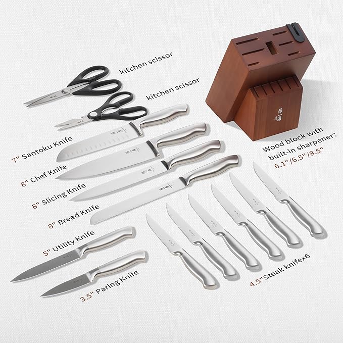 ZHANG XIAO QUAN SINCE 1628 15Pcs Knife Block Set,kitchen knife set with Built-in Sharpener Razor-Sharp High Carbon Stainless Steel Dishwasher Safe(Silver)-Ruum Studio Home