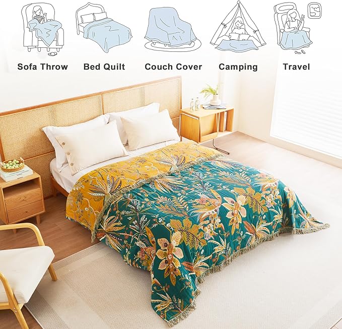 MSGKV Boho Throw Blanket for Couch Bed Chair 100% Cotton Muslin Breathable Embroidery Blanket 50"x60" Sofa Blankets for All Seasons Lightweight Farmhouse Blankets Boho Home Decor-Ruum Studio Home