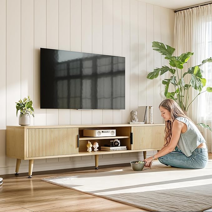 Mid Century TV Stand, Modern TV Console for TVs up to 70 Inches, Entertainment Center with Storage, TV and Media Consol, 62 Inch (Oak)-Ruum Studio Home