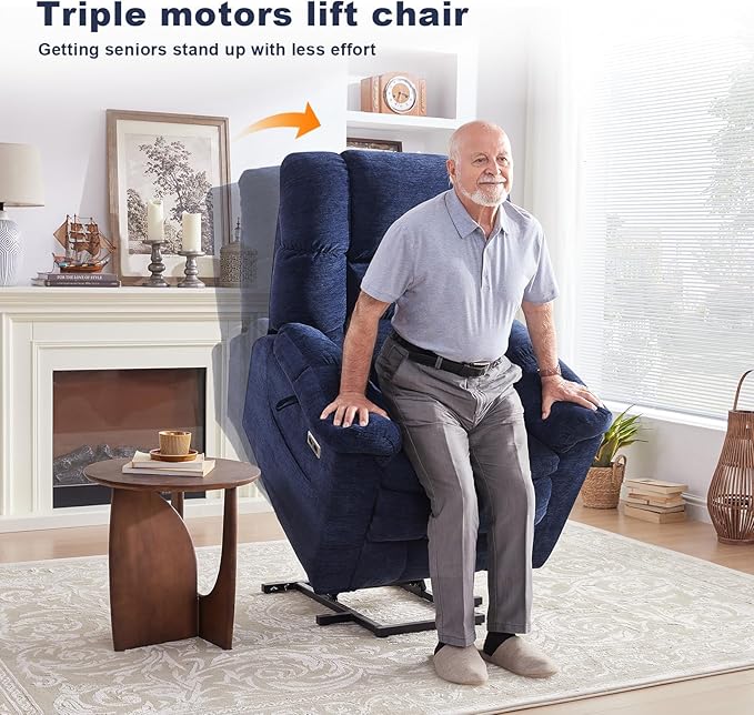 Triple Motor Power Lift Recliner Chair with Massage and Dual Heat for Elderly People, Zero Gravity Lay Flat Recliner Infinite Position, USB Ports（Navy Blue）-Ruum Studio Home