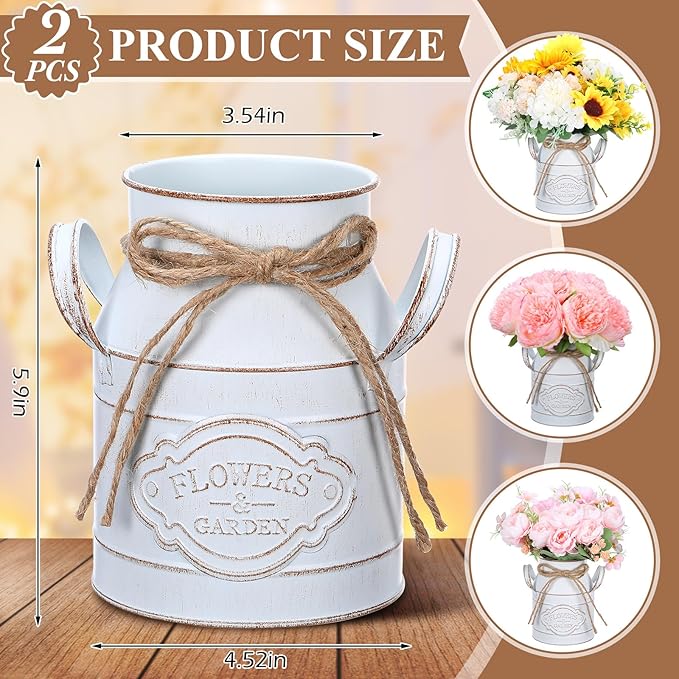 6 Inch Farmhouse Vase Decor Milk Can Vintage Flower Jug Galvanized Metal Vase with Handle Rustic Flower Buckets for Thanksgiving Christmas Table Centerpiece Weddings Gifts(Retro White,2 Pcs)-Ruum Studio Home
