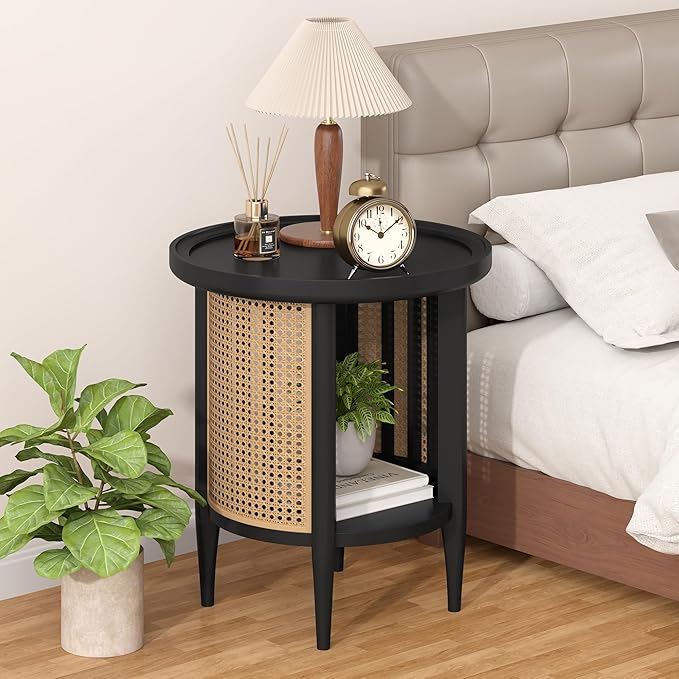 Yusong Round End Table Rattan Side Table with Solid Wood Legs, Boho Style Nightstand Bedside Table with 2-Tier Shelves, Small Coffee Table for Living Room Bedroom Small Spaces Black-Ruum Studio Home