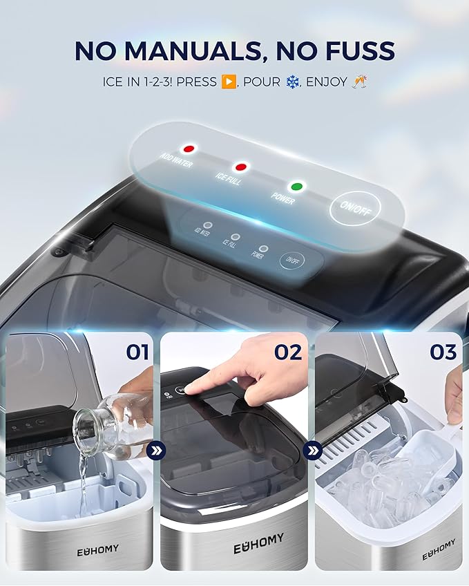 EUHOMY Countertop Ice Maker Machine with Handle, 26lbs Per Day, 9 Ice Cubes Ready in 6 Mins, Auto-Cleaning Portable Ice Maker with Basket and Scoop, for Home/Kitchen/Camping/RV (Silver)-Ruum Studio Home