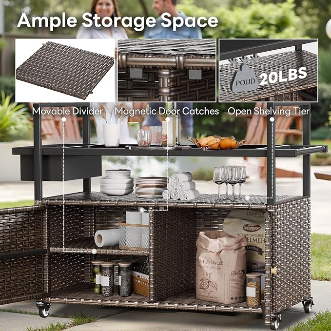 Outdoor Bar Cart with Storage Cabinet, Outdoor Grill Cart with Wheels, Rattan Bar Cart with Tempered Glass Tabletop, Outdoor Buffet Cabinet Table Cart for Mini Bar, BBQ, Food Serving, Brown Wicker-Ruum Studio Home