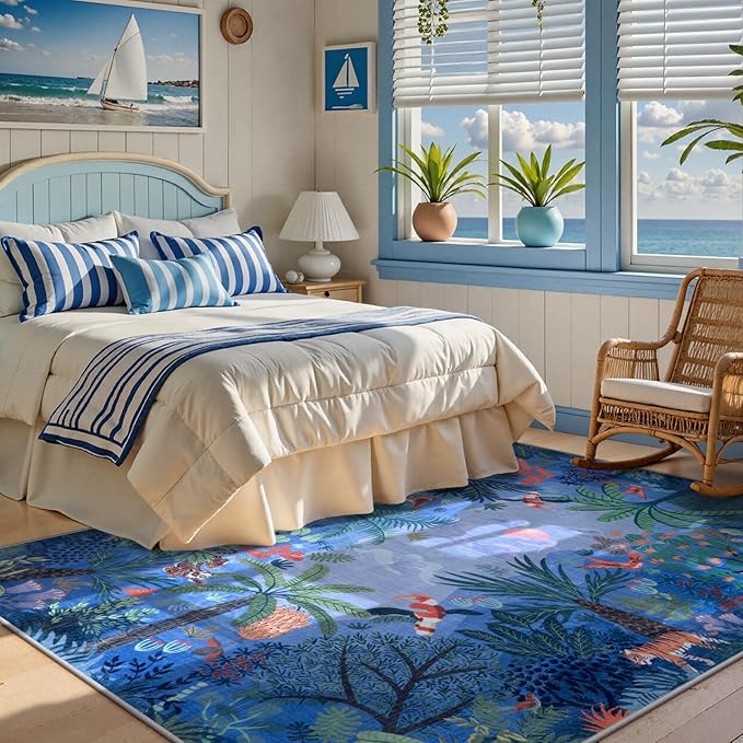 LIVEBOX Washable Jungle Animal Print 5x7 Blue Rug for Living Room, Non-Slip Kids Bedroom Rugs for Boy Playroom Kid Baby Room, Soft Stain Resistant Blue and Green Rug for Nursery Boy Dining-Ruum Studio Home