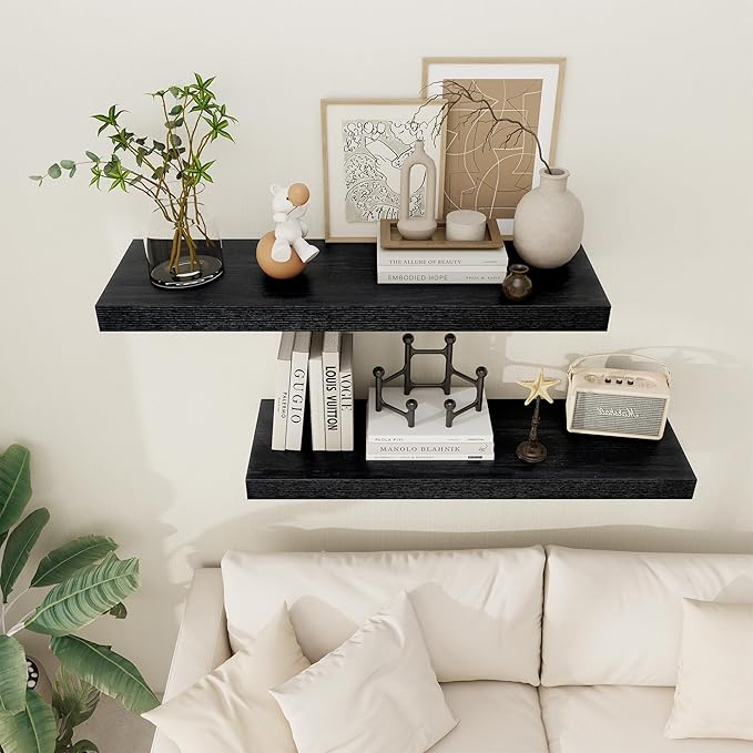 Black Floating Shelves 36 Inch Long, 12 Inch Deep Floating Shelves for Wall, 36 x 12 Shelves for Wall Storage & Display, 2" Thick Floating Shelf for Bathroom, Living Room, Bedroom, Set of 2-Ruum Studio Home