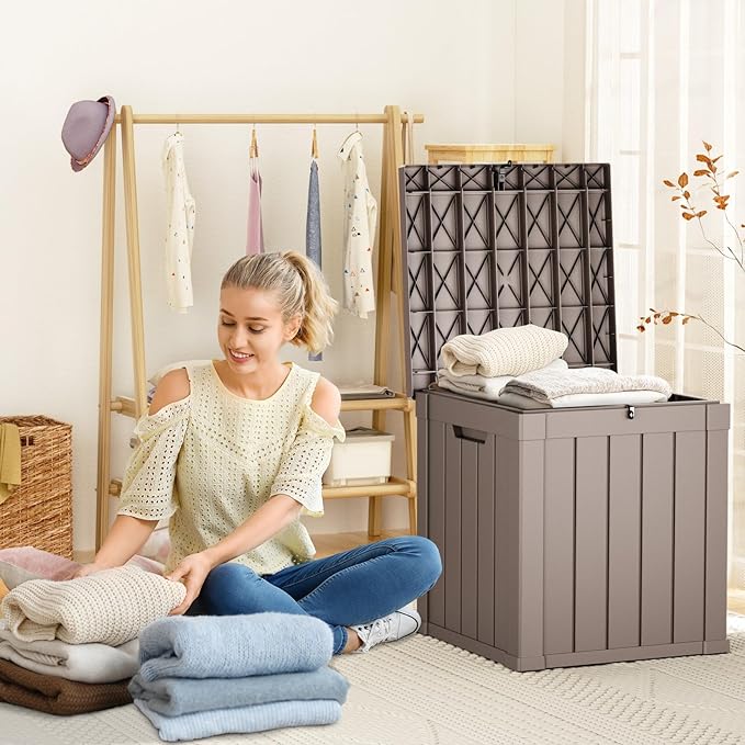 50 Gallon Deck Box Large Outdoor Storage for Patio Furniture,Outdoor Cushions,Garden Tools and Pool Supplies,Waterproof,Resin,Lockable(Grey)-Ruum Studio Home