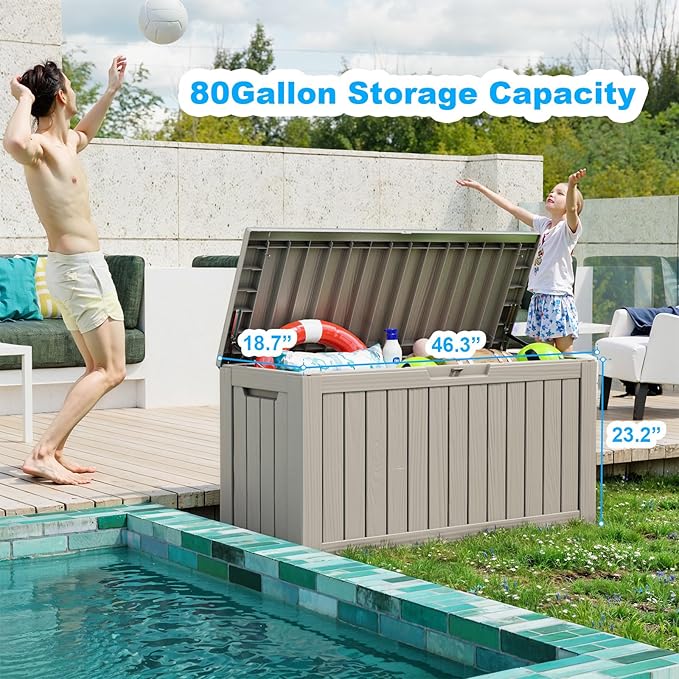 Vixzen 80 Gallon Resin Deck Box, Lockable Outdoor Storage Box for Patio Cushions Storage Furniture,Garden Tools, Pool Supplies, Weatherproof and UV Resistant- Grey-Ruum Studio Home