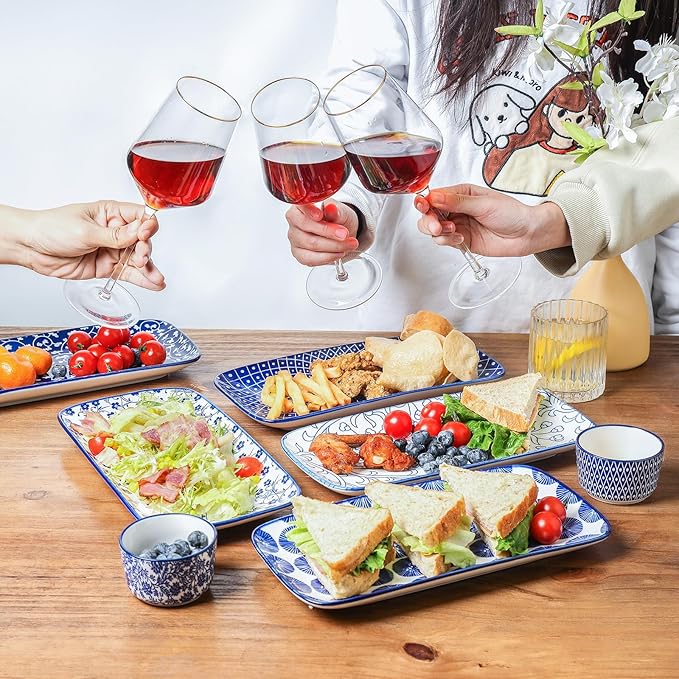 Selamica Ceramic Serving Platters, 14 Inch Serving Trays for Party Entertaining, Large Rectangular Serving Plates for Appetizer, Charcuterie, Dessert, Fruit, Set of 4, Vintage Blue-Ruum Studio Home