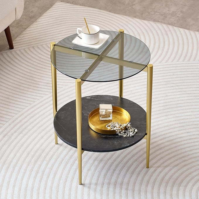 Round Glass End Table, Mid-Century Modern Design Sofa Table for Living Room, D18 x H23 in, 2-Tier Structure, Grey Glass Top and Black Marble Shelf, Sleek Conical Legs with Gold Finish Frame-Ruum Studio Home