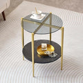 Round Glass End Table, Mid-Century Modern Design Sofa Table for Living Room, D18 x H23 in, 2-Tier Structure, Grey Glass Top and Black Marble Shelf, Sleek Conical Legs with Gold Finish Frame-Ruum Studio Home