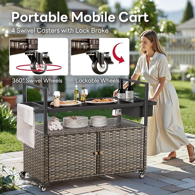 Outdoor Bar Cart with Storage Cabinet, Patio Bar Table with Tempered Glass Tabletop, Outdoor Serving Grill Cart with Rolling Wheels, Rattan Bar Cart for Patio, Backyard, Grey Wicker-Ruum Studio Home