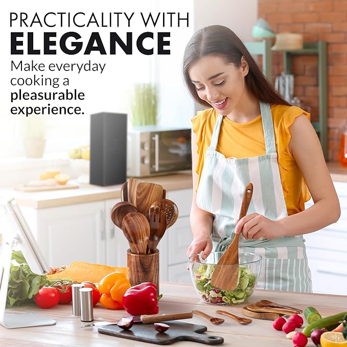 Zulay Kitchen 15-Piece Teak Wooden Utensils for Cooking - Natural Teak Utensil Set with Premium Gift Box - Non-Stick Wooden Spoons for Cooking - Kitchen Gift Set - Comfortable Grip Wooden Utensil Set-Ruum Studio Home