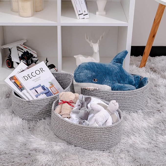 Baskets to Store Organize Household Items/Cute Basket&Bin for Shelf Storage Woven Rope Basket for Living Room, Bedroom,Play room/13x8.66x5.11’’ Cotton Rope,Durable&Stylish,Oval 3 Packs Gray-Ruum Studio Home