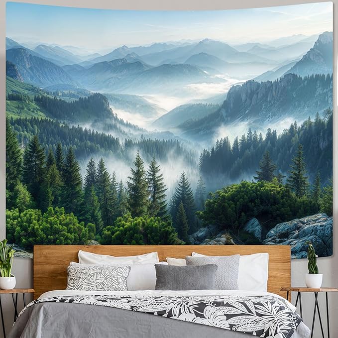 AMM Nature Forest Mountain Tapestry Green Misty Pine Tree Tapestry for Bedroom Aesthetic Foggy Woodlands Sky Landscape Tapestries Wall Hanging for Living Room Dorm 90 x 68 Inch-Ruum Studio Home