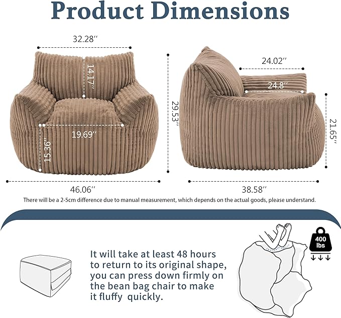 Giant Plush Bean Bag Chair for Adults with Armrests - Oversized Comfy Khaki Beanbag Lounge Lazy Floor Sofa Chair for Living Room, Bedroom & Dorm, Cozy Fluffy Single Cloud Mini Couch-Ruum Studio Home