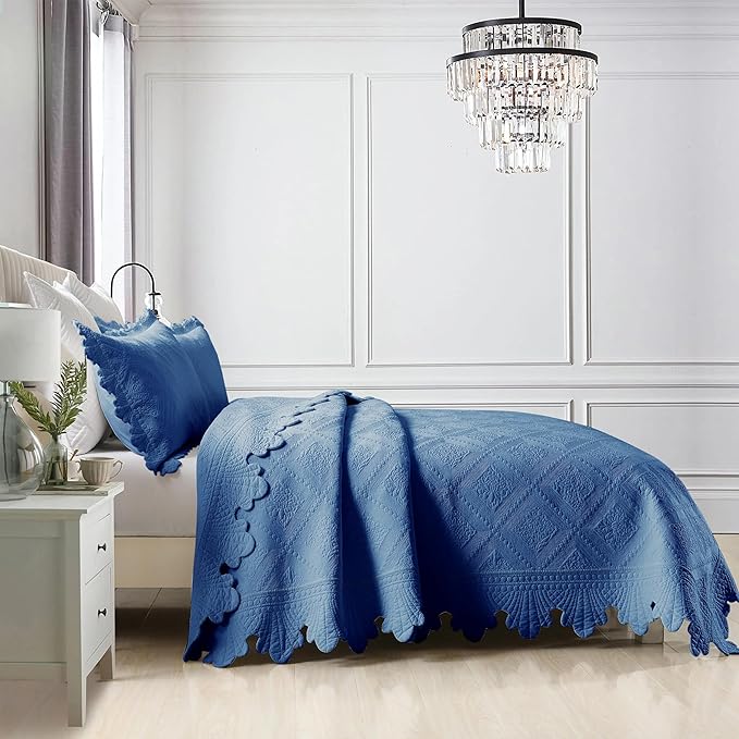 MarCielo 3-Piece 100% Cotton Oversized Bedspread Lightweight Quilt Coverlet Embroidery Farmhouse Bedding Set (Tk Midtone Blue, Oversized King (118"x106"))-Ruum Studio Home