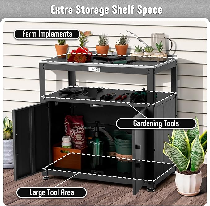 Garden Potting Bench with Storage Cabinet,Outdoor Gardening Table & Work Bench for Plants, Horticulture,Outdoor Workstation with Stainless Steel Tabletop,Outdoor Work Table-Ruum Studio Home